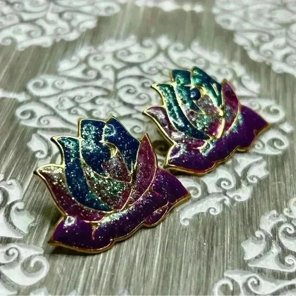 Gold Tone Multi Color Glitter Lotus Earrings - Picture 2 of 3